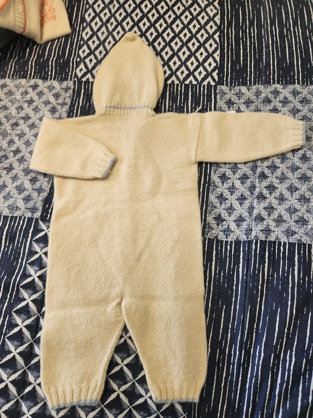100% American Cashmere Cream & Blue Baby Hooded Bodysuit W/Puppy